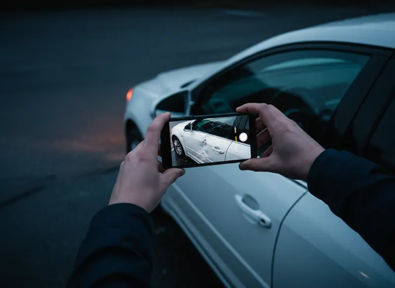 Manos tomando fotos con el celular a un carro abollado